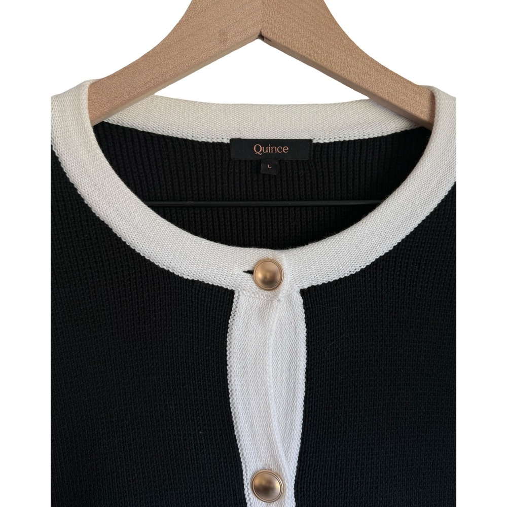 Quince Organic Cotton Contrast Trim Cardigan Black White Gold Button Sweater L - Picture 2 of 6